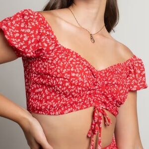 Red Floral Off-Shoulder Swim Top